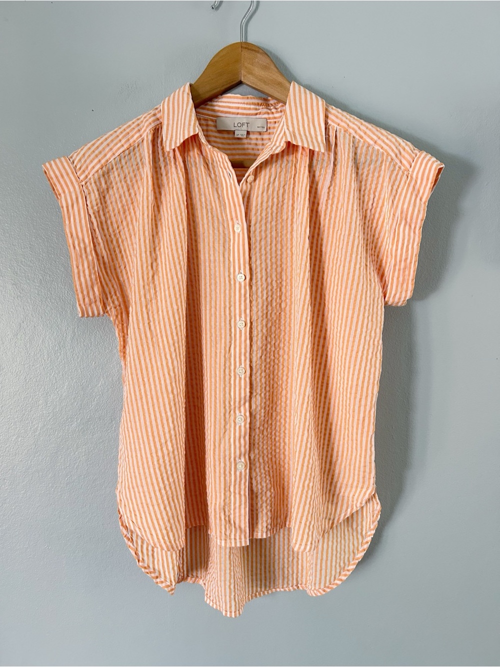 LOFT • Peach and White Striped Short Sleeve Button Down Shirt